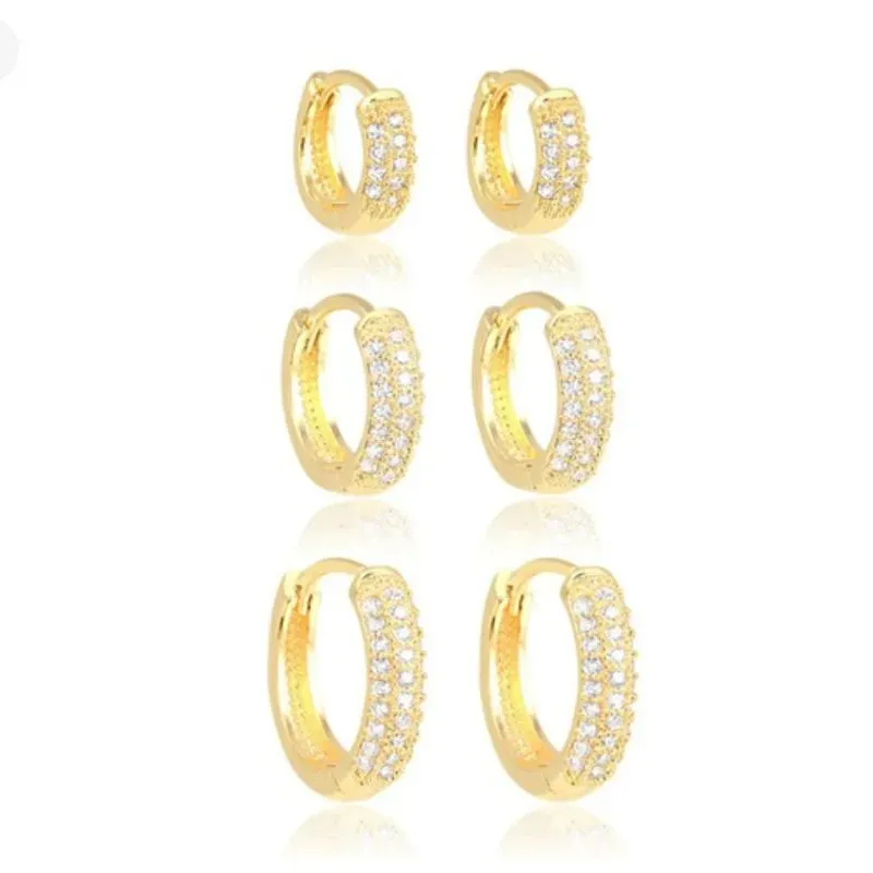 TRIO DE ARGOLA CRAVEJADA EM ZIRCÔNIA BANHADA EM OURO 18K