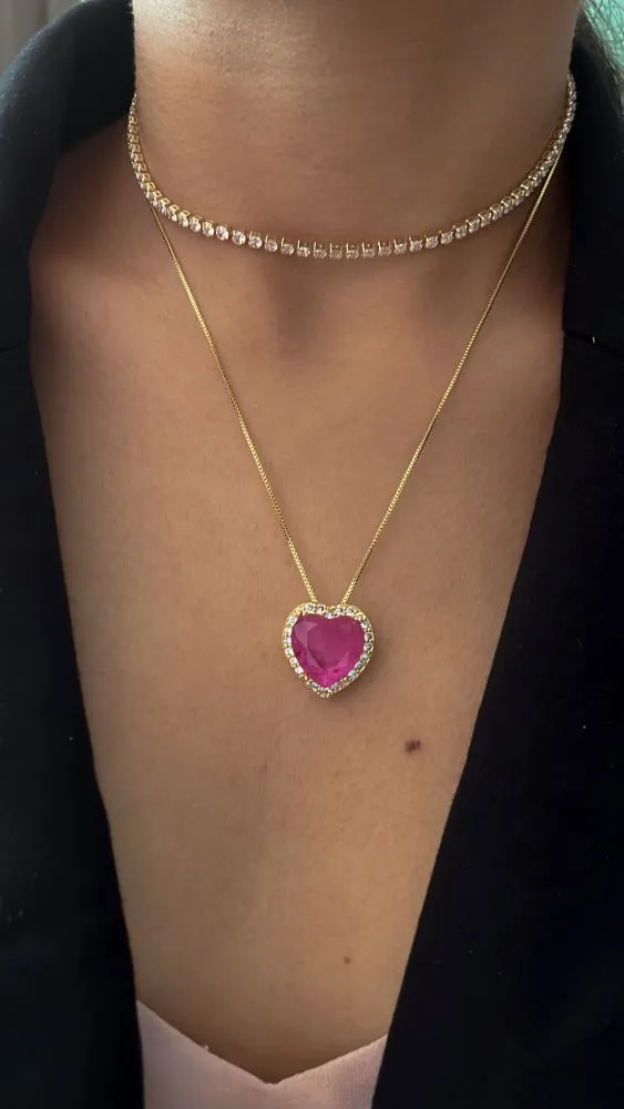 COLAR CORRENTE VENEZIANA CORAÇÃO PEDRA FUSION ROSA