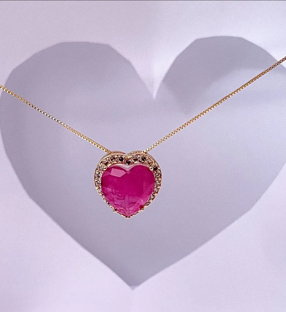 COLAR CORRENTE VENEZIANA CORAÇÃO PEDRA FUSION ROSA