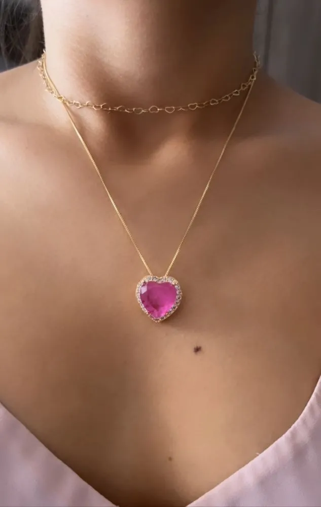 COLAR CORRENTE VENEZIANA CORAÇÃO PEDRA FUSION ROSA