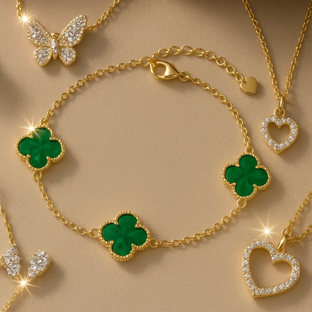 PULSEIRA TREVO NA COR VERDE FOLHEADA EM OURO 18K